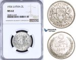 ZM201, Latvia, 2 Lati 1926, Silver, NGC MS62