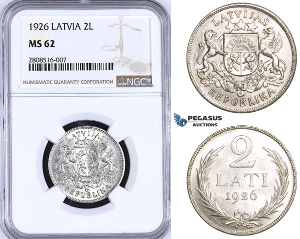 ZM201, Latvia, 2 Lati 1926, Silver, NGC MS62