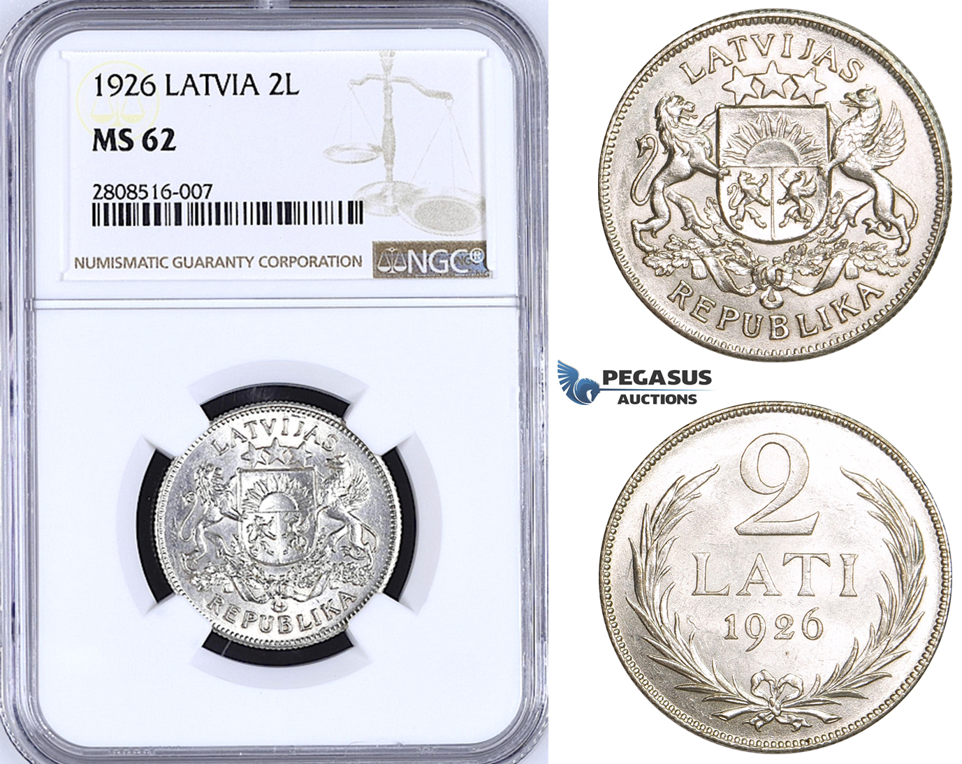 ZM201, Latvia, 2 Lati 1926, Silver, NGC MS62