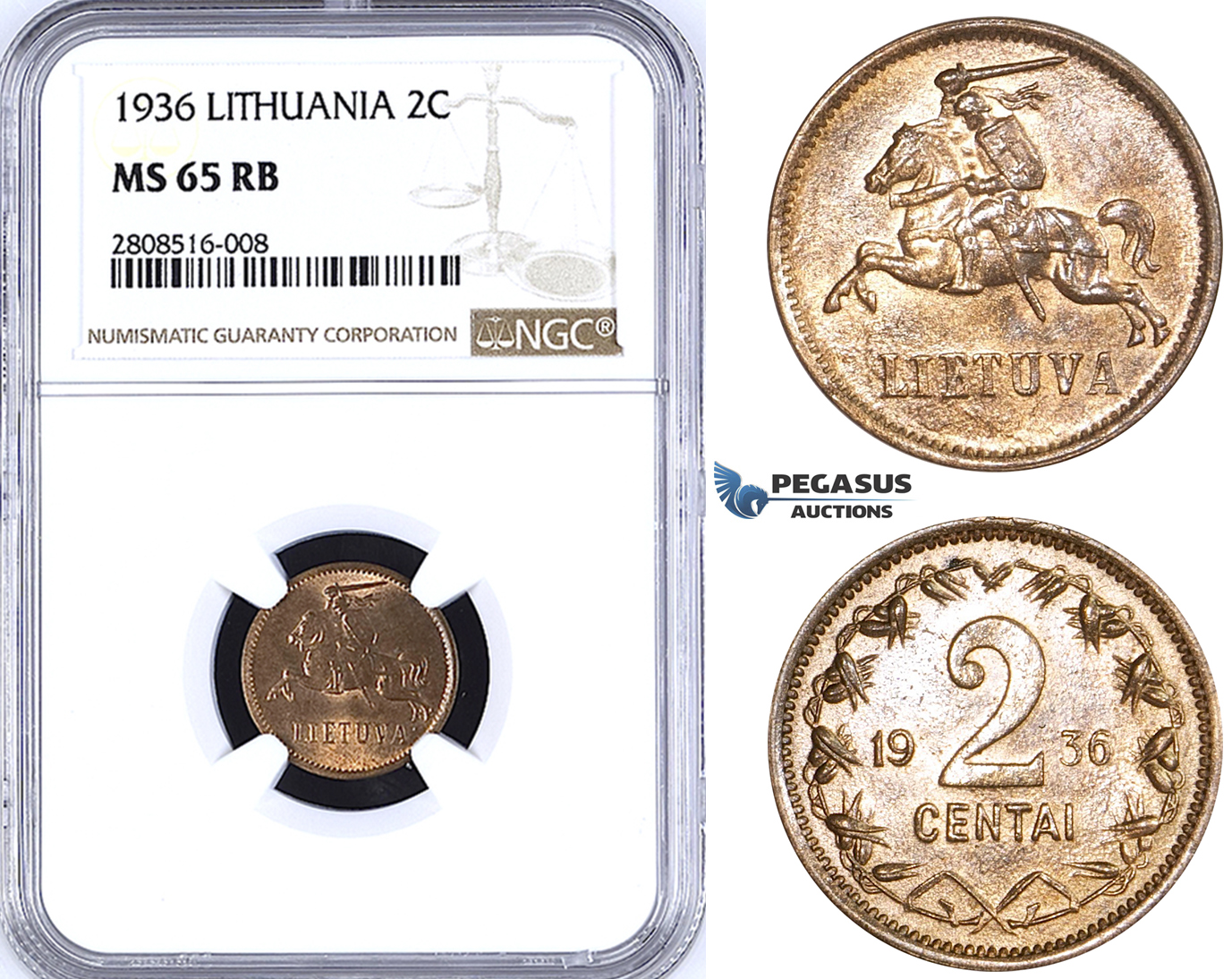 ZM202, Lithuania, 2 Centai 1936, NGC MS65RB Pop 1/9, Rare in this Quality!