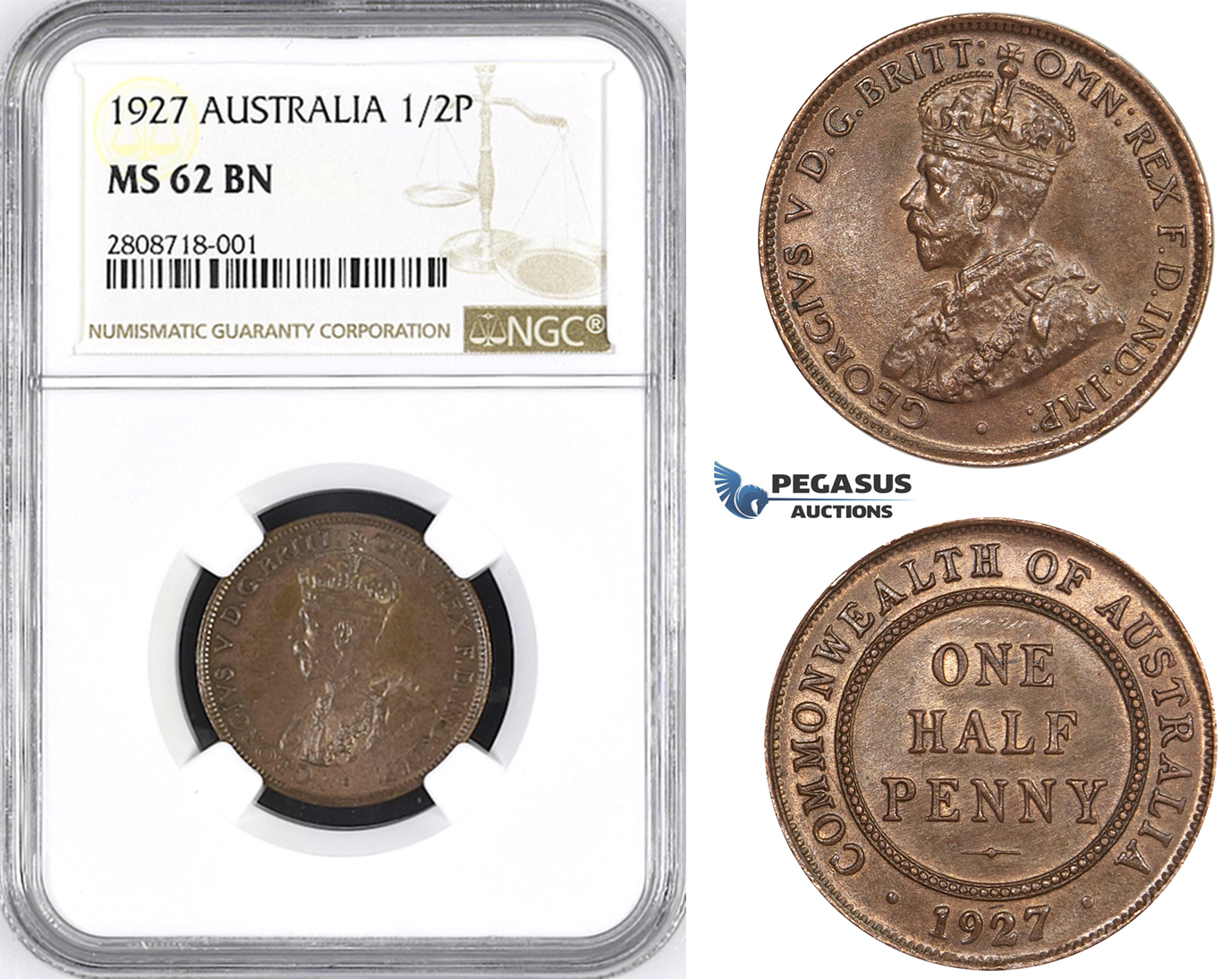 ZM210, Australia, George V, Half Penny 1927, NGC MS62BN