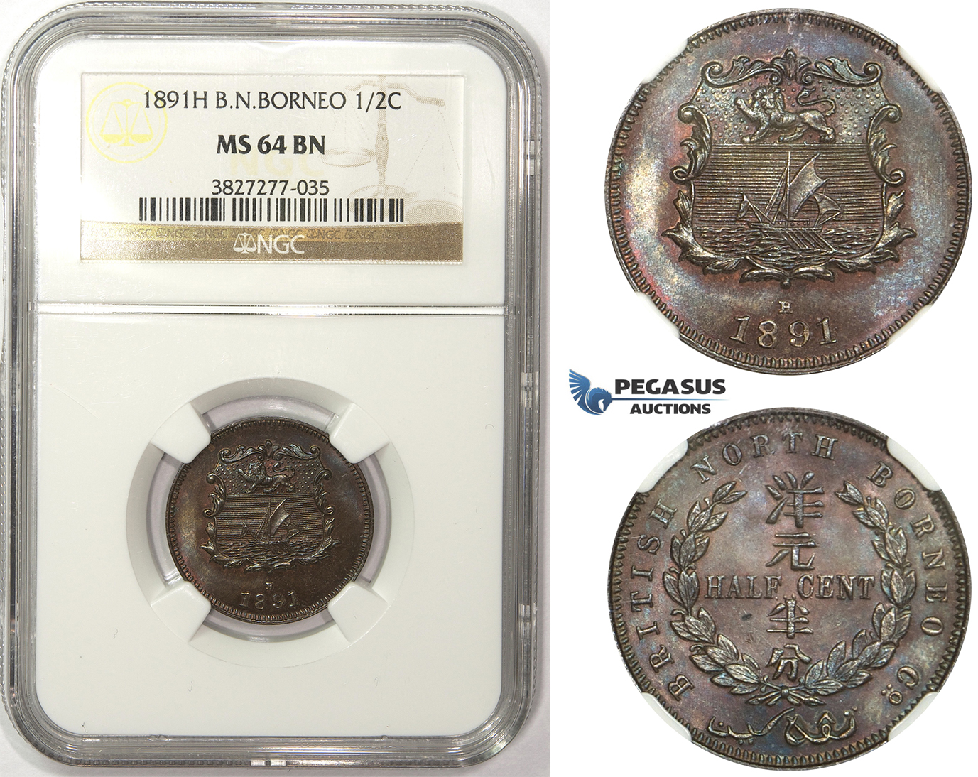 ZM24, British North Borneo, 1/2 Cent 1891-H, Heaton, NGC MS64BN