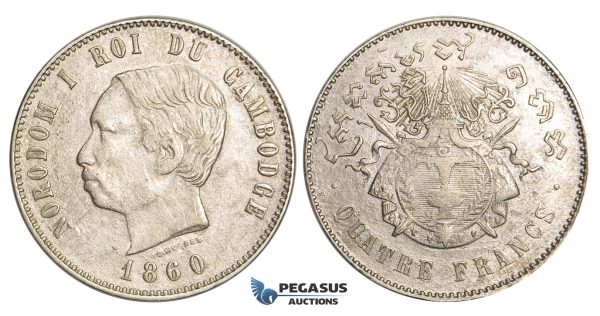 ZM28, Cambodia, Norodom I, 4 Francs 1860, Phnom Penh, Silver, aXF