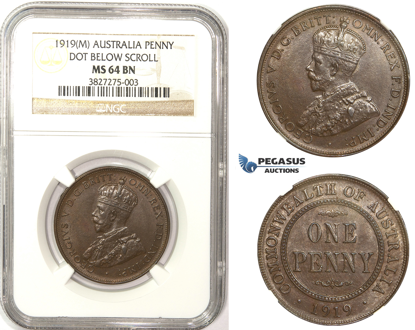 ZM307, Australia, George V, Penny 1919 (M) Melbourne, NGC MS64BN (Dot below scroll)