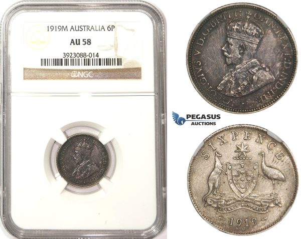 ZM308, Australia, George V, Sixpence (6P) 1919 (M) Melbourne, Silver, NGC AU58