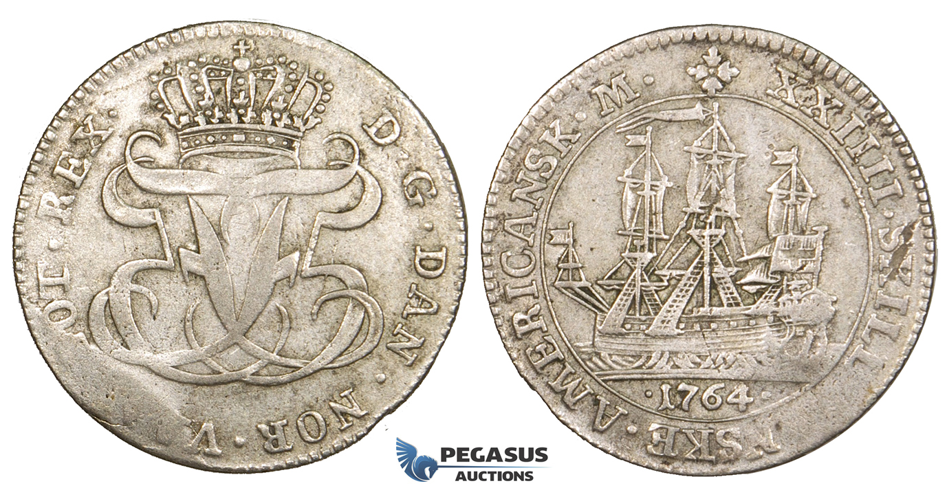 ZM324, Danish West Indies, Frederik V, 24 Skilling 1764, Silver (5.48g) VF