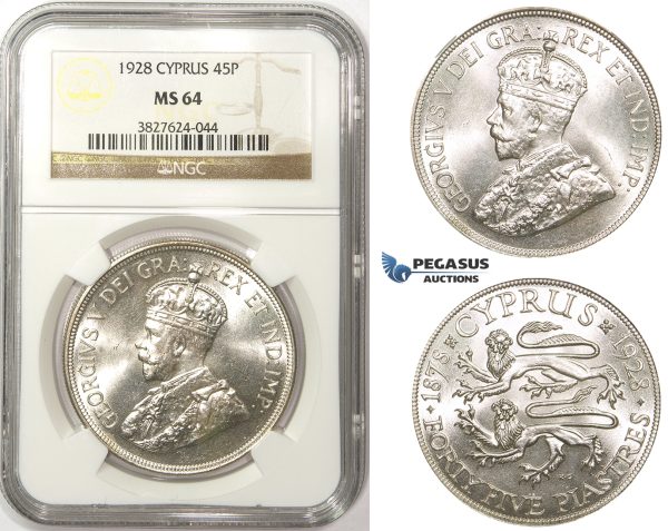 ZM33, Cyprus, George V, 45 Piastres 1928, London, Silver, NGC MS64