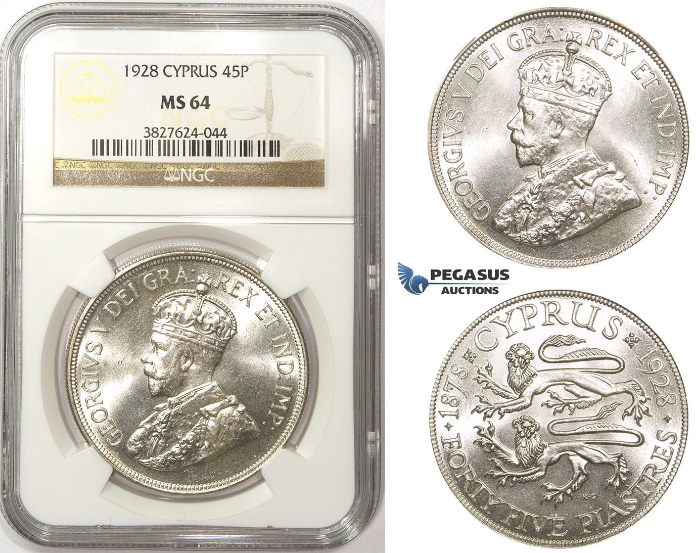 ZM33, Cyprus, George V, 45 Piastres 1928, London, Silver, NGC MS64