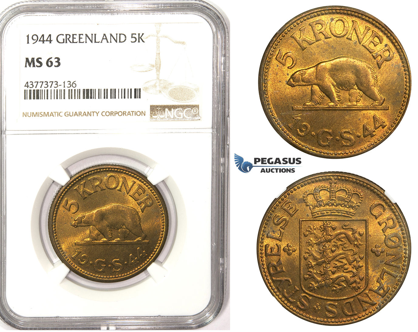 ZM337, Greenland, 5 Kroner 1944, NGC MS63