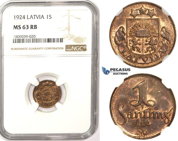 ZM345, Latvia, 1 Santims 1924, NGC MS63RB