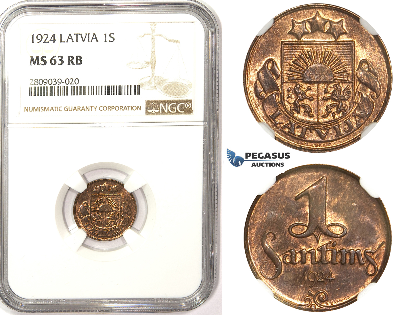 ZM345, Latvia, 1 Santims 1924, NGC MS63RB