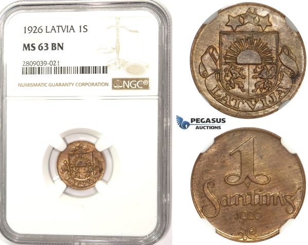 ZM346, Latvia, 1 Santims 1926, NGC MS63BN