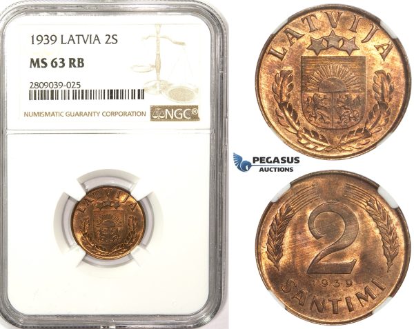 ZM347, Latvia, 2 Santimi 1939, NGC MS63RB