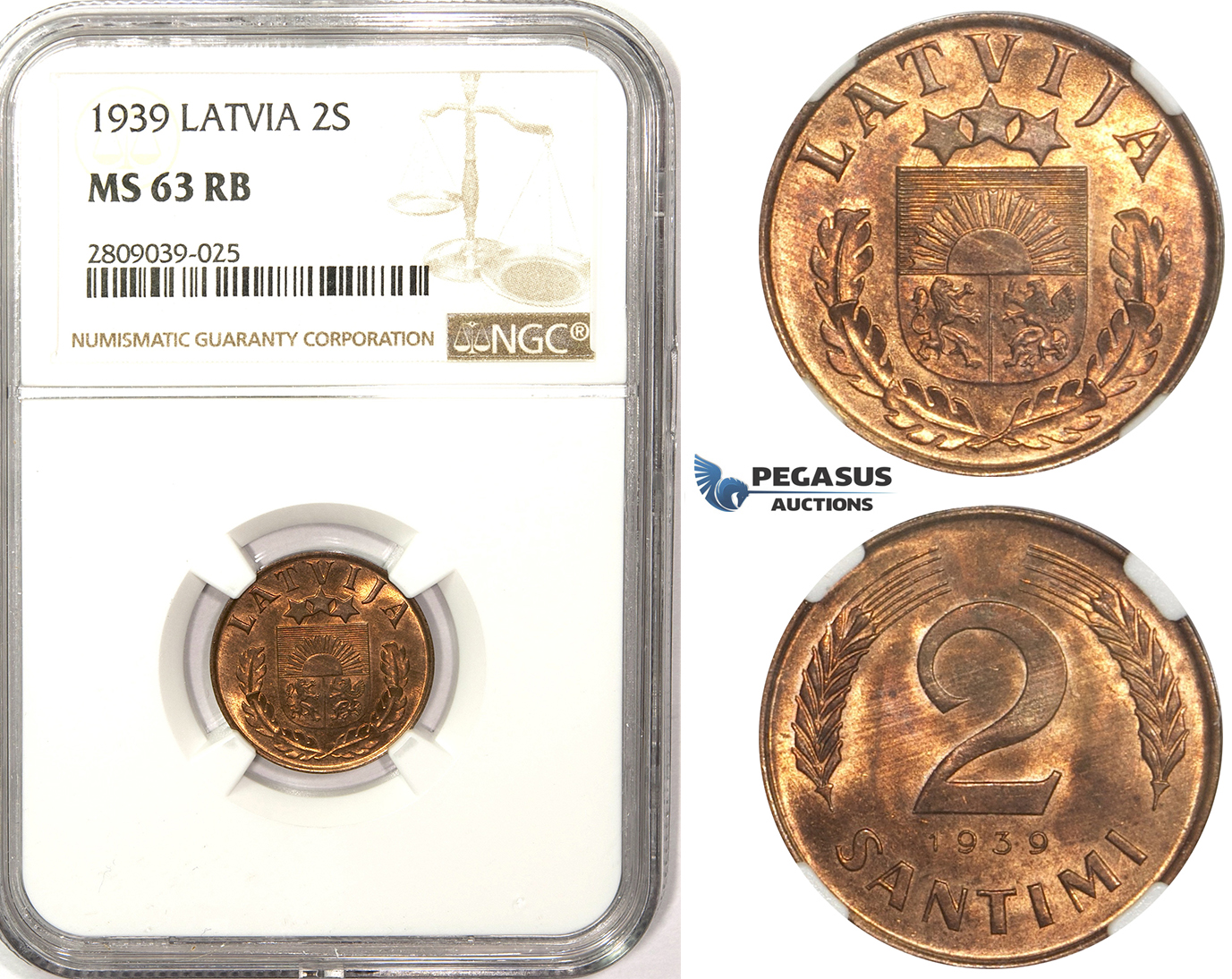 ZM347, Latvia, 2 Santimi 1939, NGC MS63RB