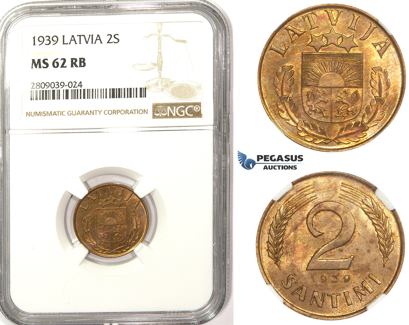 ZM348, Latvia, 2 Santimi 1939, NGC MS62RB