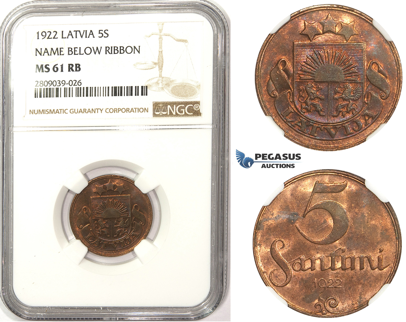 ZM349, Latvia, 5 Santimi 1922, NGC MS61RB
