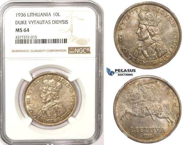 ZM350, Lithuania, 10 Litu 1936, Silver, NGC MS64