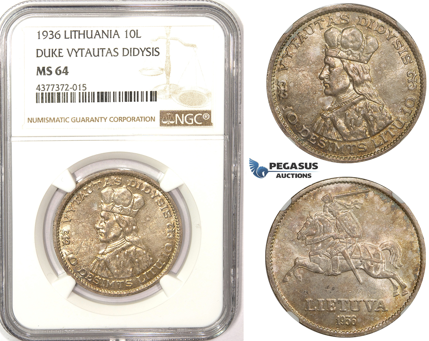 ZM350, Lithuania, 10 Litu 1936, Silver, NGC MS64