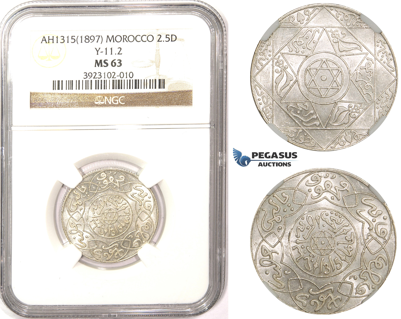ZM352, Morocco, Abd Al Aziz, 2 1/2 Dirhams AH1315 (1897) Berlin, Silver, Y-11.2, NGC MS63