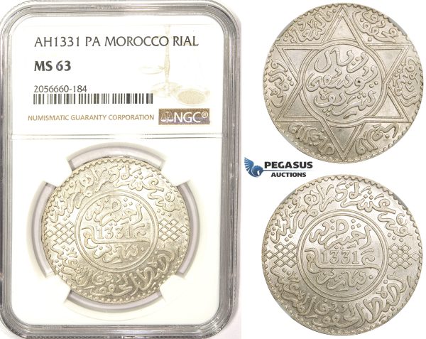 ZM353, Morocco, Yusuf I, Rial (10 Dirhams) AH1331 (1913) Paris, Silver, NGC MS63