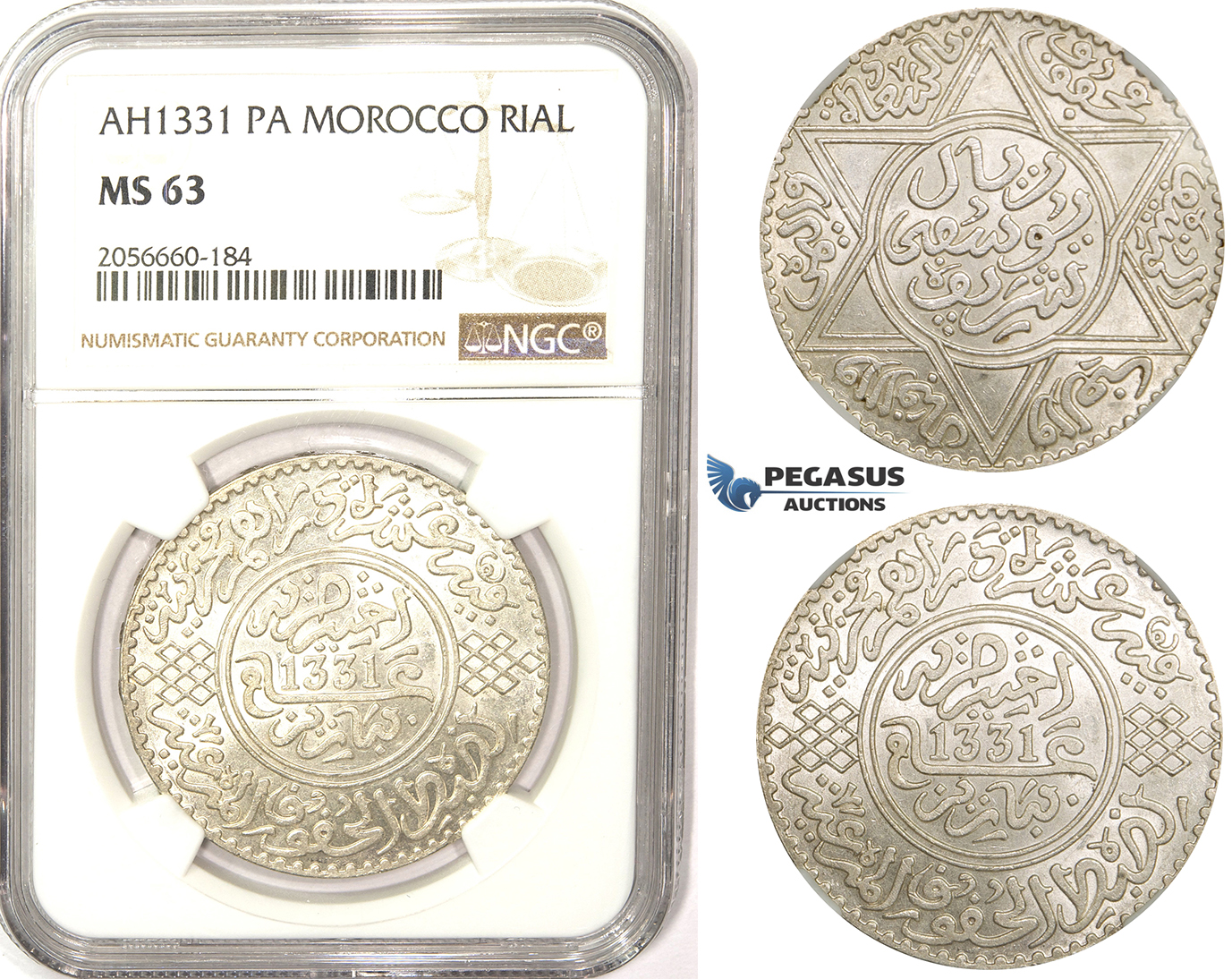 ZM353, Morocco, Yusuf I, Rial (10 Dirhams) AH1331 (1913) Paris, Silver, NGC MS63