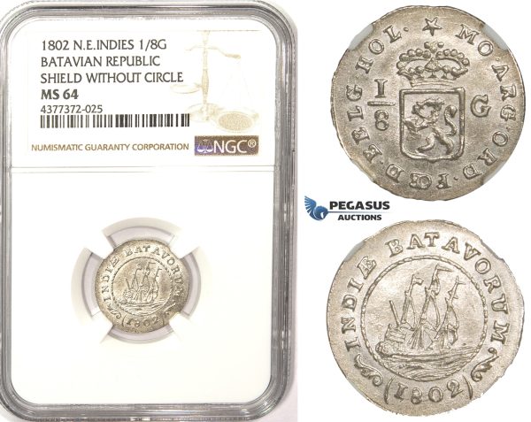 ZM354, N.E. Indies, Batavian Rep. 1/8 Gulden 1802, Silver, NGC MS64