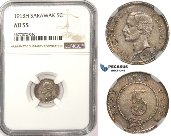 ZM360, Sarawak, C. Brooke Rajah, 5 Cents 1913-H, Heaton, Silver, NGC AU55