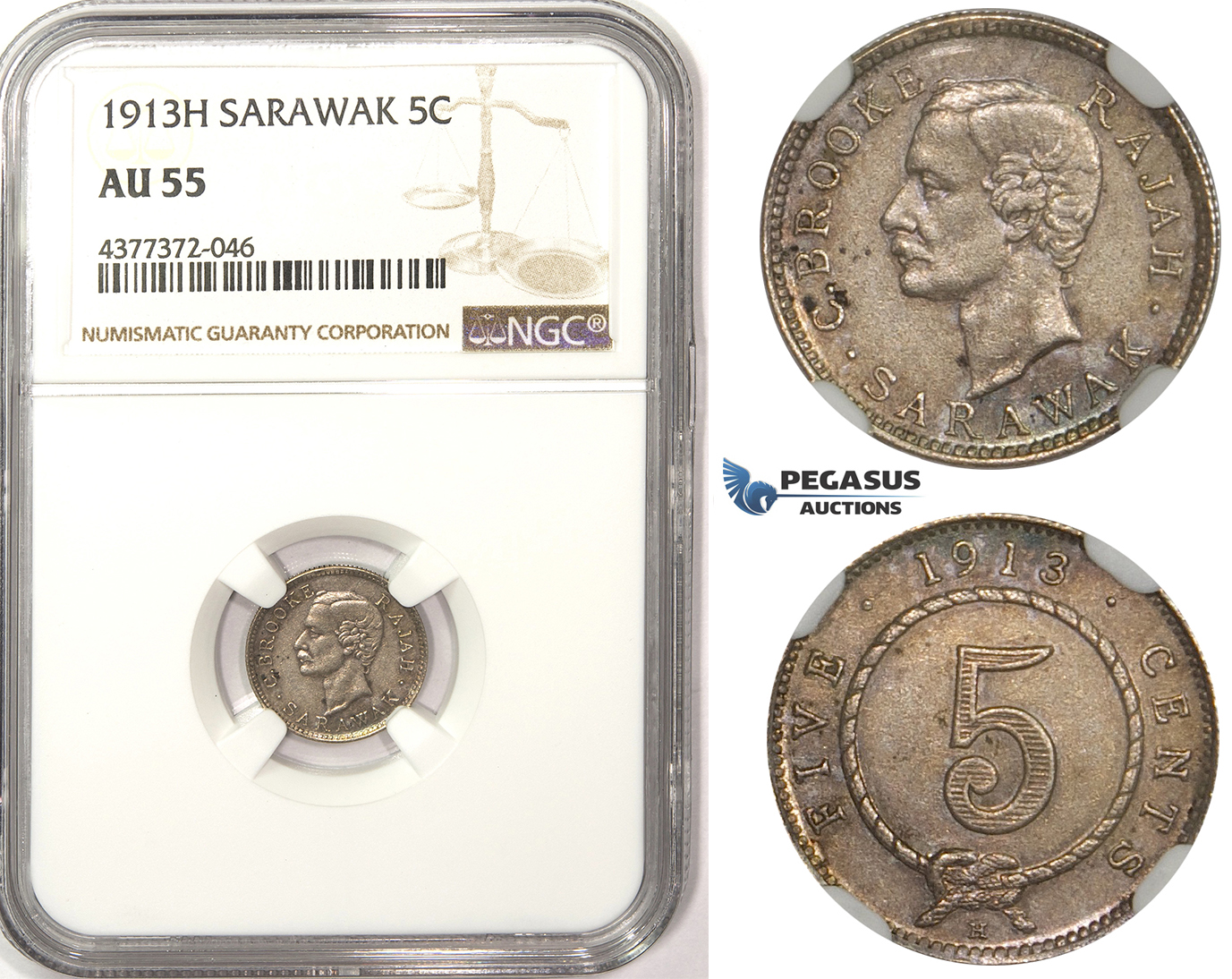 ZM360, Sarawak, C. Brooke Rajah, 5 Cents 1913-H, Heaton, Silver, NGC AU55