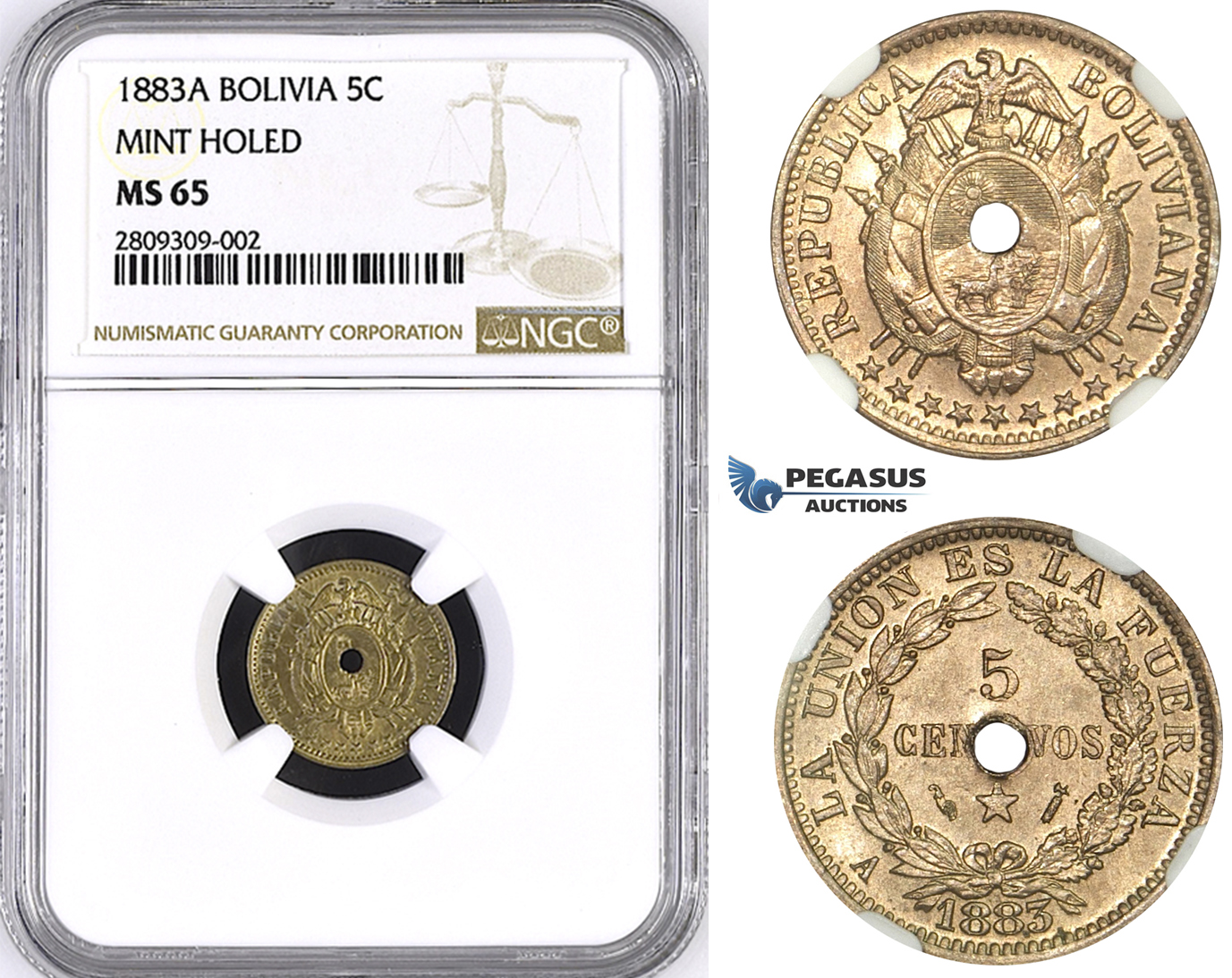 ZM379, Bolivia, 5 Centavos 1883-A, Paris, Holed, NGC MS65
