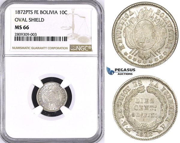 ZM380, Bolivia, 10 Centavos 1872 PTS FE, Potosi, Silver, NGC MS66, Pop 1/0