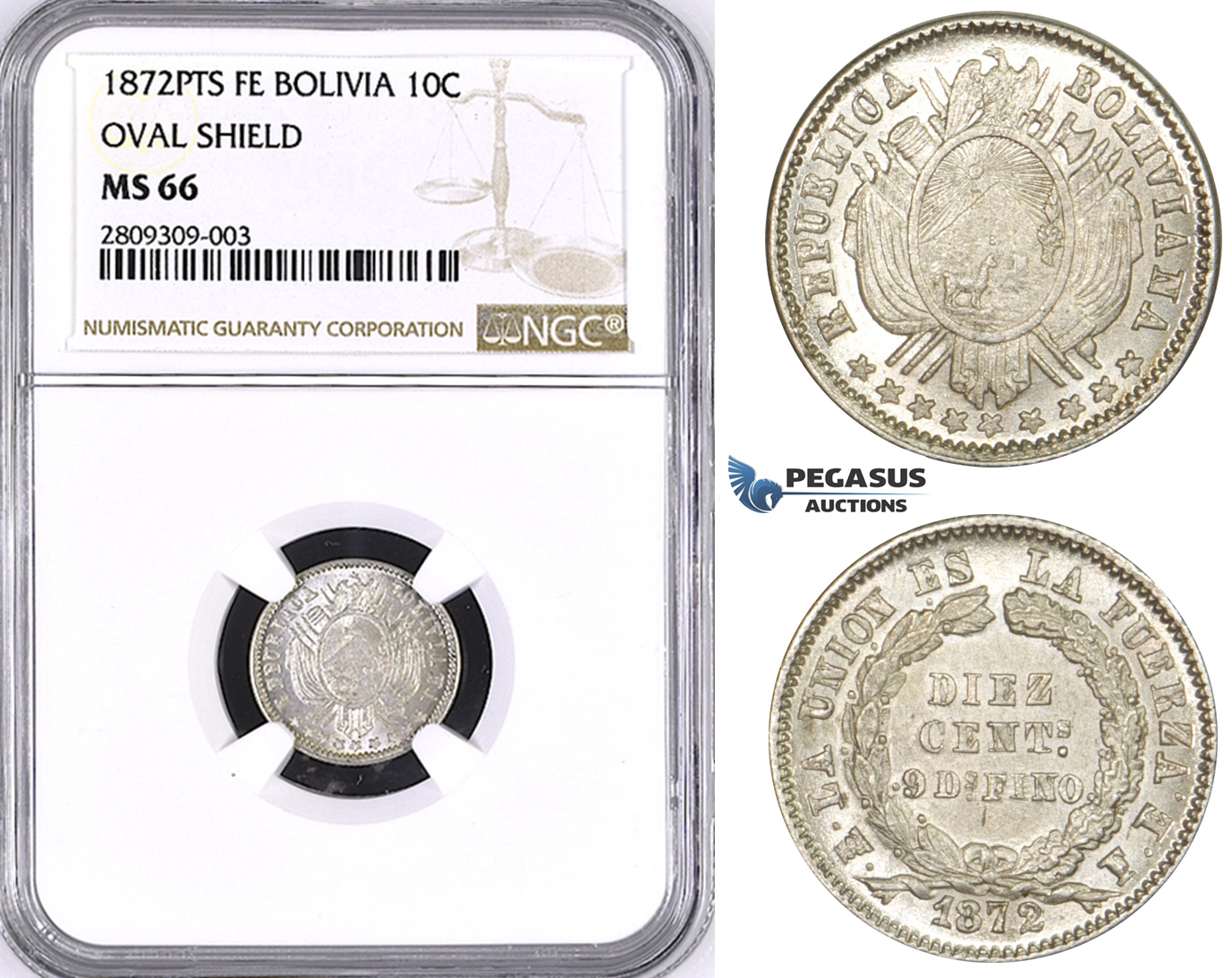 ZM380, Bolivia, 10 Centavos 1872 PTS FE, Potosi, Silver, NGC MS66, Pop 1/0