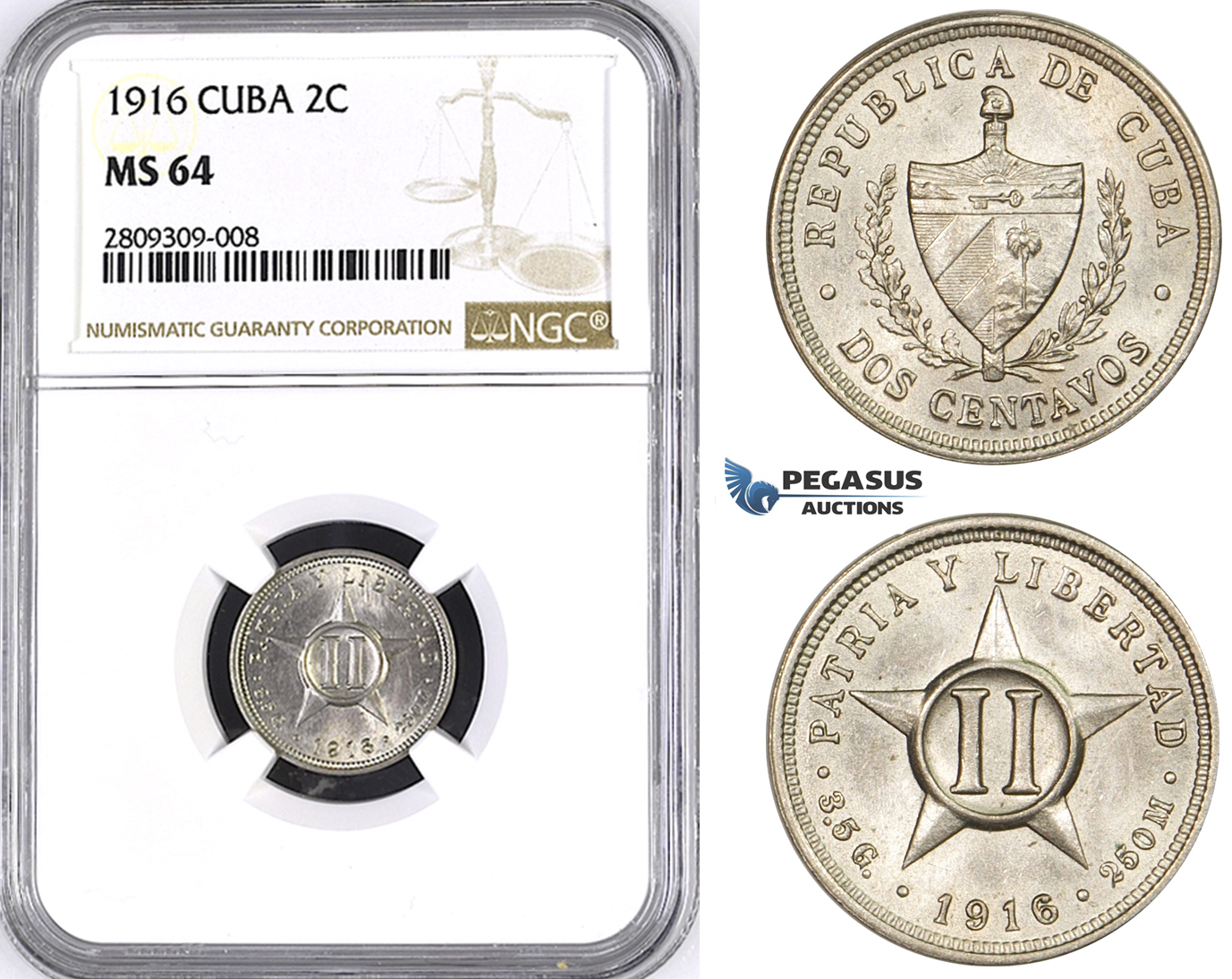 ZM384, Cuba, 2 Centavos 1916, NGC MS64