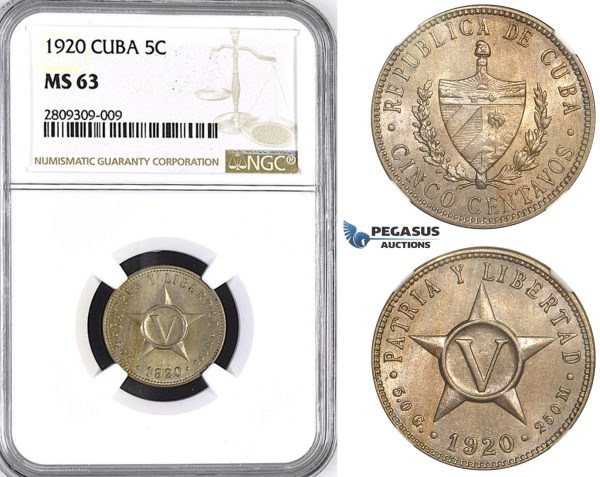 ZM385, Cuba, 5 Centavos 1920, NGC MS63