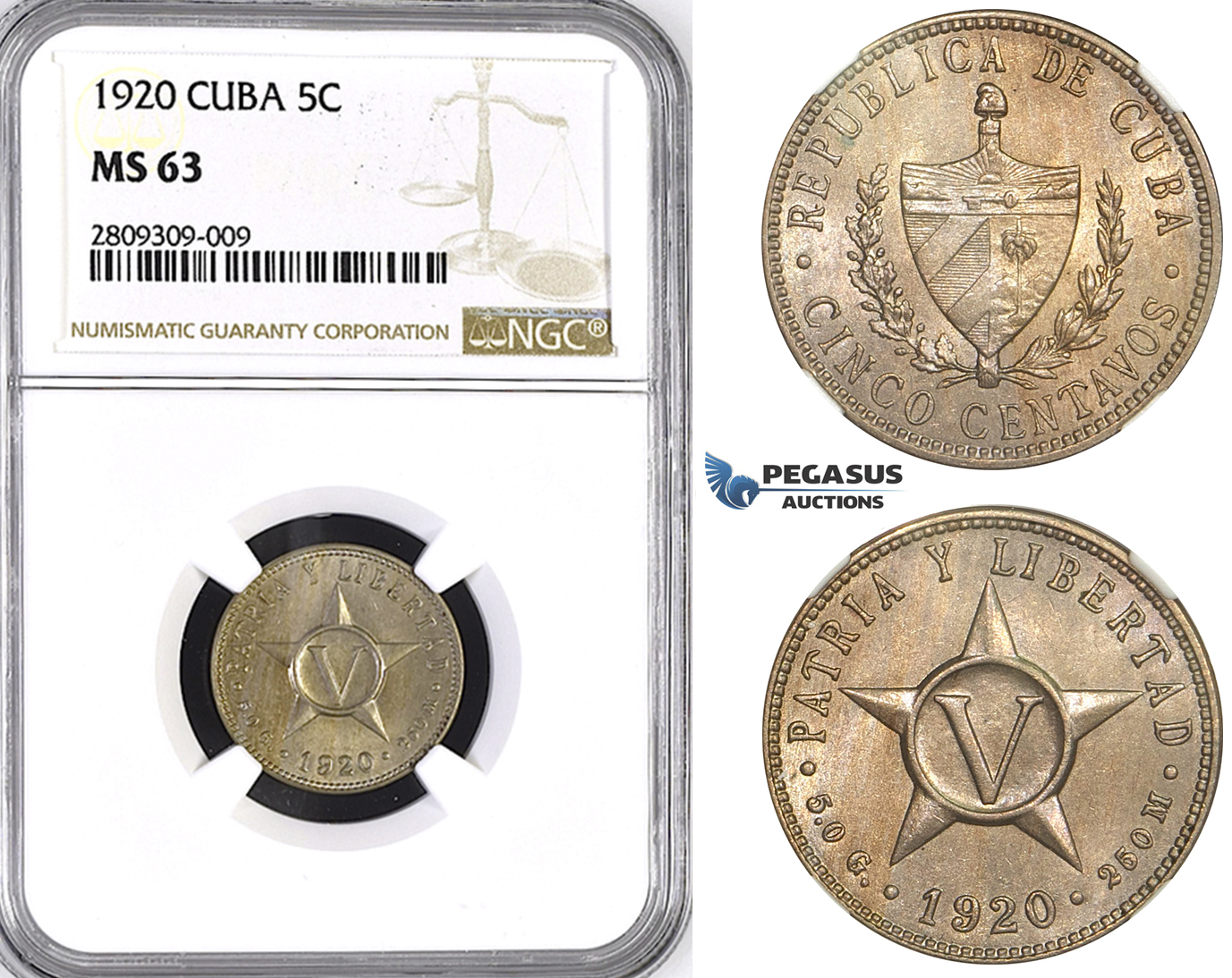 ZM385, Cuba, 5 Centavos 1920, NGC MS63