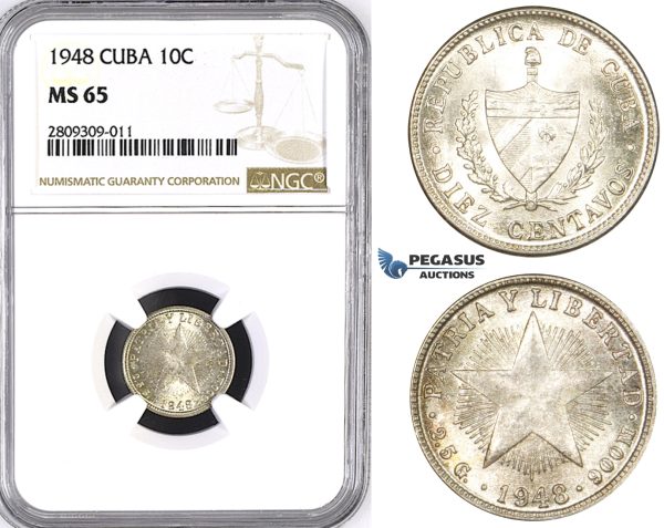 ZM387, Cuba, 10 Centavos 1948, Philadelphia, Silver, NGC MS65