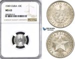 ZM388, Cuba, 10 Centavos 1949, Philadelphia, Silver, NGC MS63