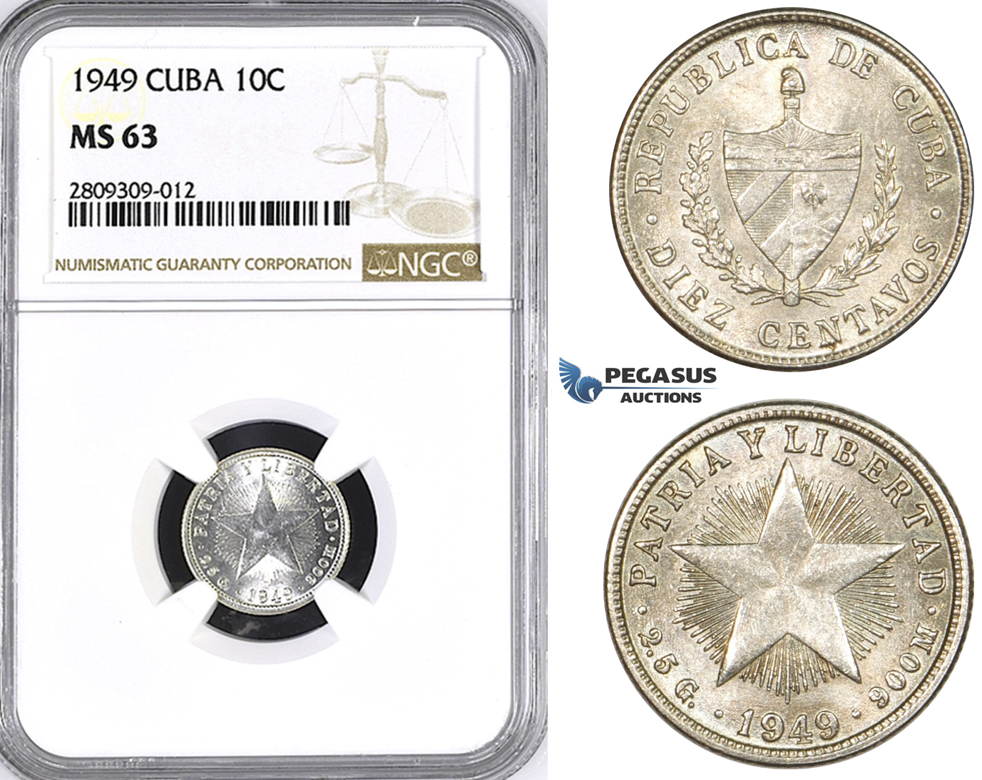 ZM388, Cuba, 10 Centavos 1949, Philadelphia, Silver, NGC MS63