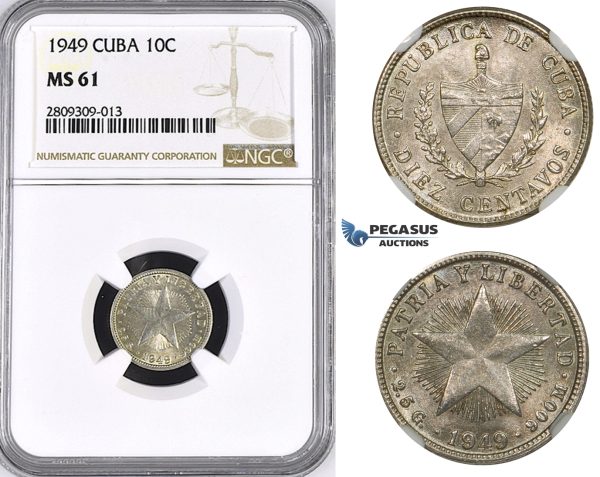 ZM389, Cuba, 10 Centavos 1949, Philadelphia, Silver, NGC MS61