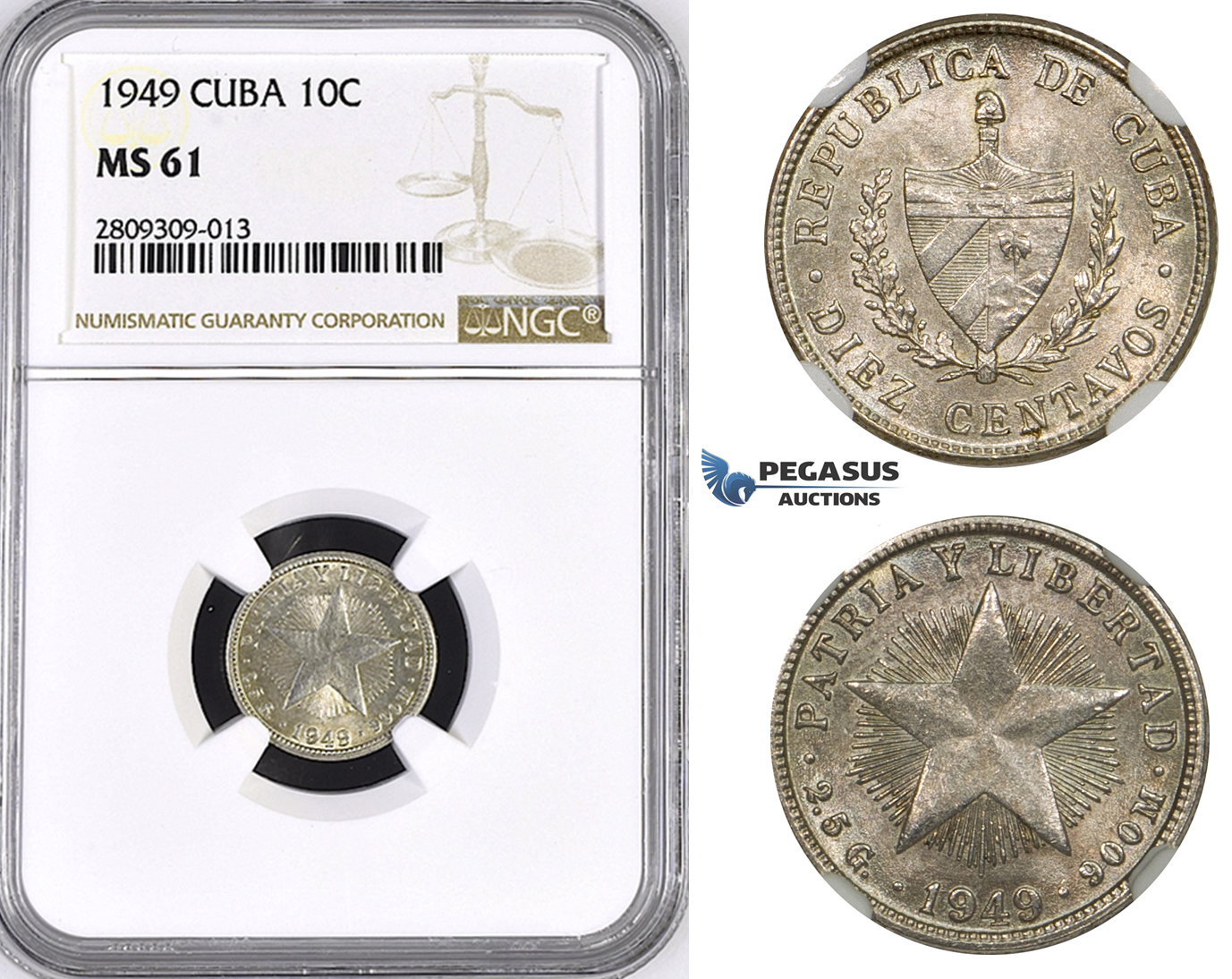 ZM389, Cuba, 10 Centavos 1949, Philadelphia, Silver, NGC MS61