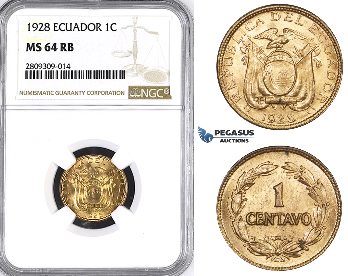 ZM390, Ecuador, 1 Centavo 1928, NGC MS64RB
