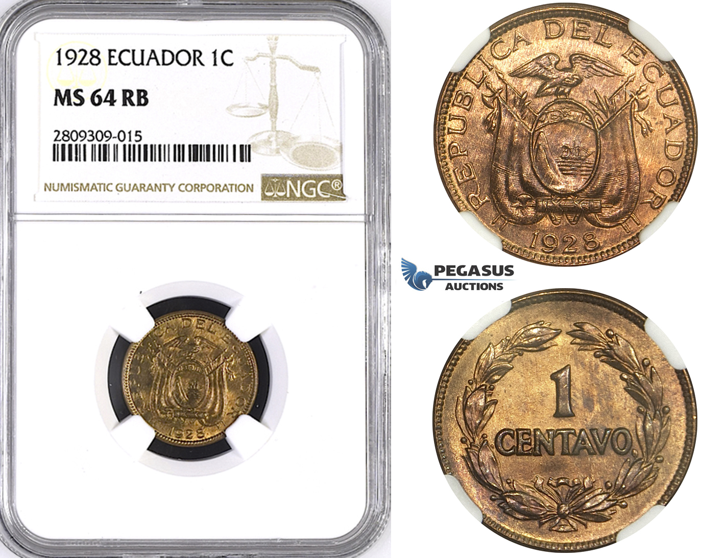 ZM391, Ecuador, 1 Centavo 1928, NGC MS64RB