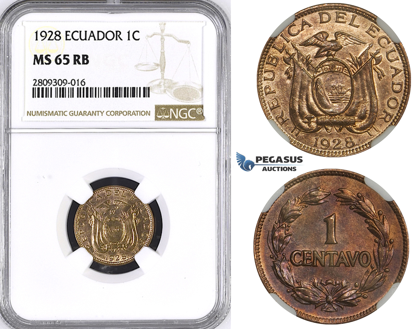 ZM392, Ecuador, 1 Centavo 1928, NGC MS65RB