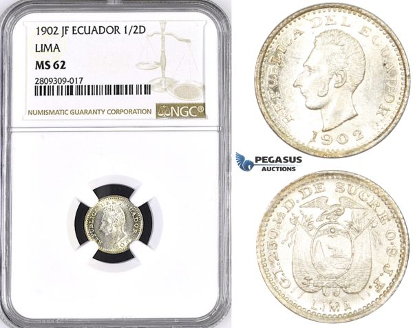 ZM393, Ecuador, 1/2 Decimo de Sucre 1902 JF, Lima, Silver, NGC MS62