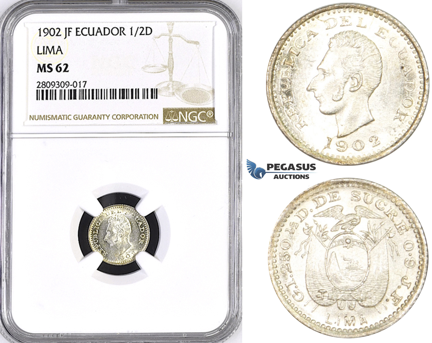 ZM393, Ecuador, 1/2 Decimo de Sucre 1902 JF, Lima, Silver, NGC MS62