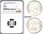 ZM394, Ecuador, 1/2 Decimo de Sucre 1905 JF, Lima, Silver, NGC MS63