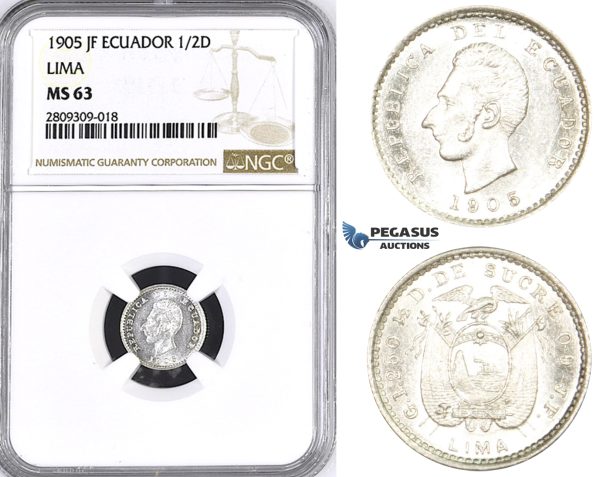 ZM394, Ecuador, 1/2 Decimo de Sucre 1905 JF, Lima, Silver, NGC MS63