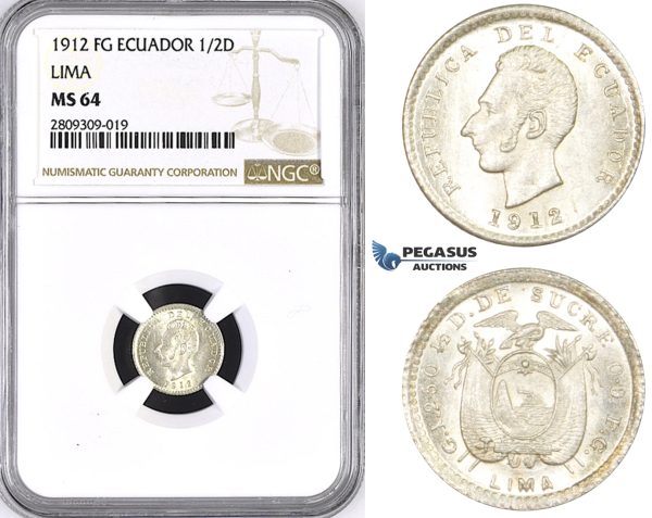 ZM395, Ecuador, 1/2 Decimo de Sucre 1912 FG, Lima, Silver, NGC MS64