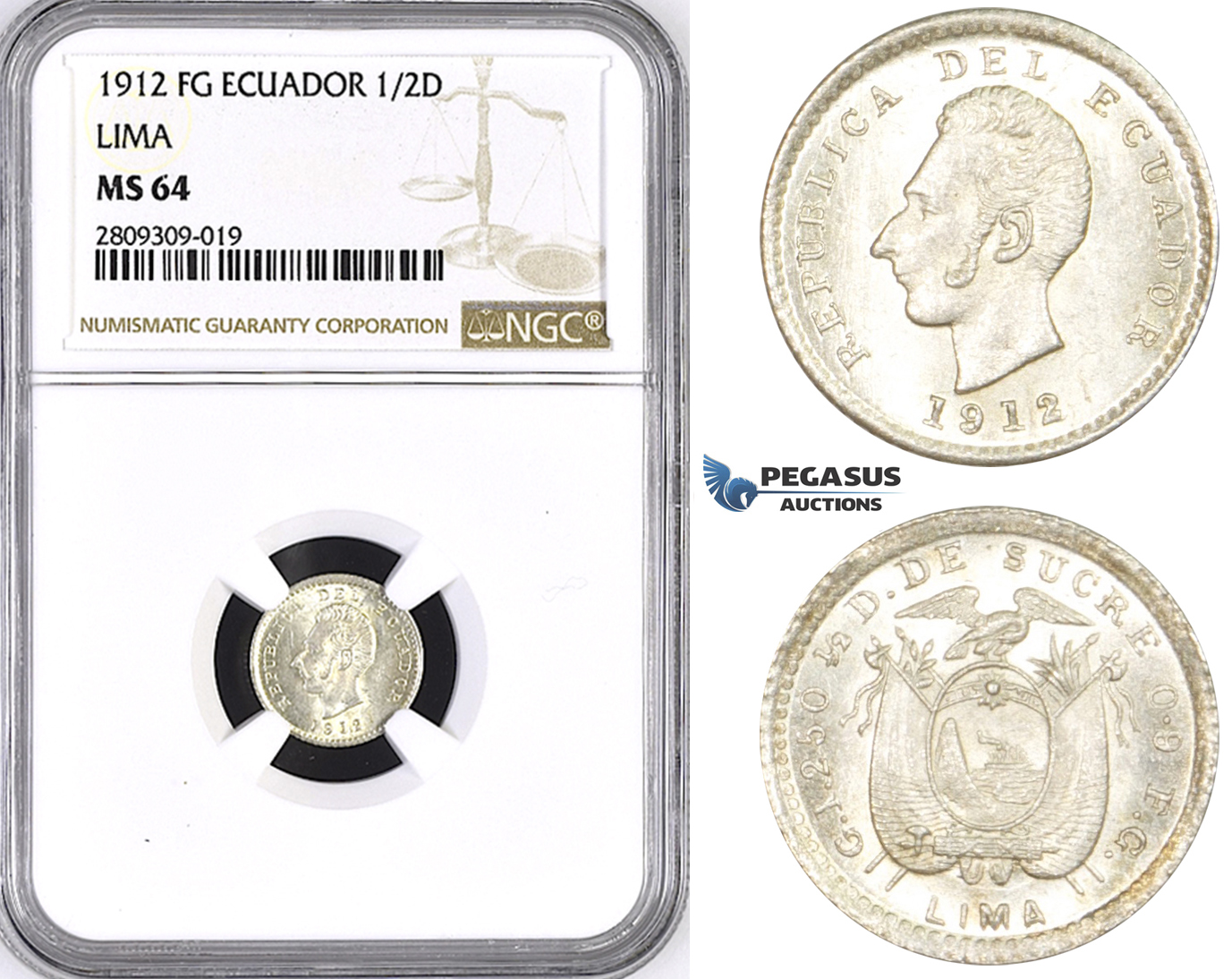ZM395, Ecuador, 1/2 Decimo de Sucre 1912 FG, Lima, Silver, NGC MS64