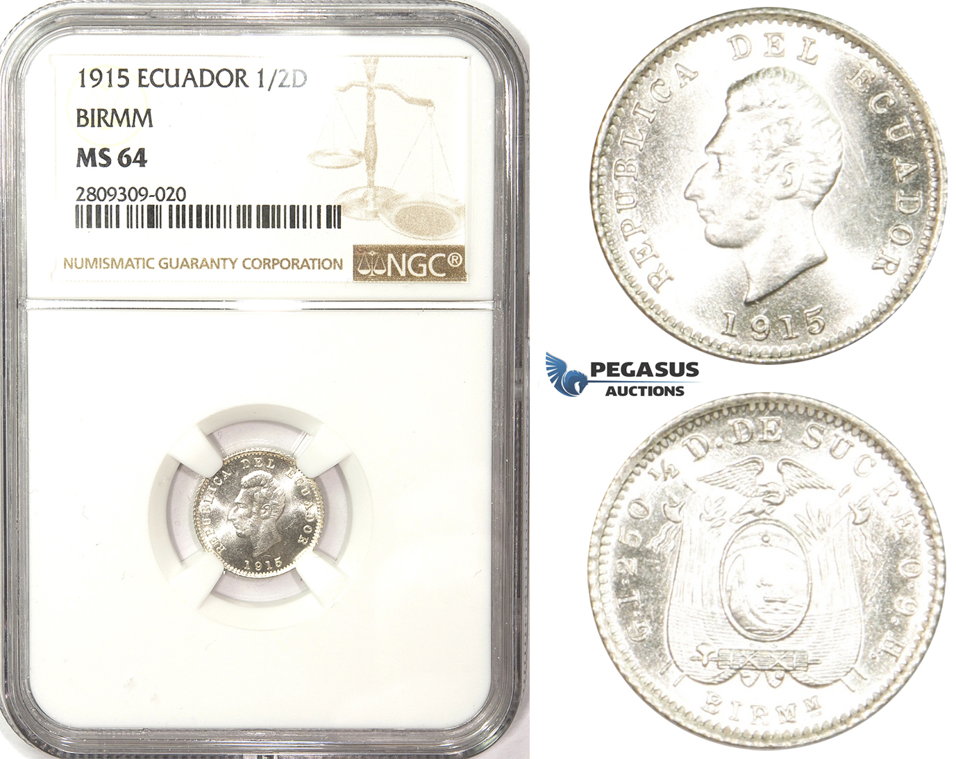 ZM396, Ecuador, 1/2 Decimo de Sucre 1915, Birmingham, Silver, NGC MS64