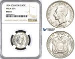 ZM397, Ecuador, Sucre 1934, Philadelphia, Silver, NGC MS64